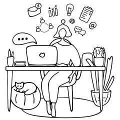 Student female character study at computer. E-learning, online education, blogger, volunteer concept. Hand drawn vector illustration