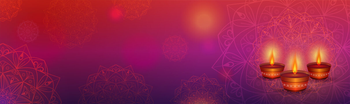 Pink and purple background with three candles and mandalas. Diwali Fire Festival