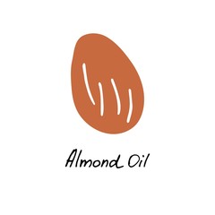 Almond oil. Cosmetic ingredient. Nutritional oil for skin care. Hand-drawn icon of almond nut. Vector illustration.