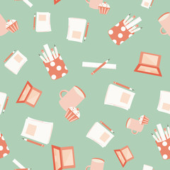 Vector graphic laptop, cupcakes, coffee mugs seamless pattern background. Retro color business backdrop. Office studio equipment illustration. All over print for working from home or college concept