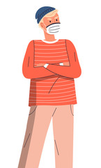 Vector portrait of young guy wearing face medical mask crossed hands at chest at white background. Viral pandemic, protection against world viral infection. Respiratory protection from virus pandemia