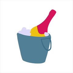 Champagne bottle in ice bucket. Simple doodle icon. Vector hand drawn illustration
