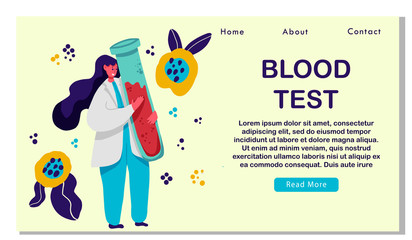 Blood Test on Hepatitis. Female Nurse or Doctor Character Carrying Huge Test Tube with Lifeblood. Medical Healthcare, Charity or Transfusion in Donation Laboratory. Cartoon Flat Vector Illustration.