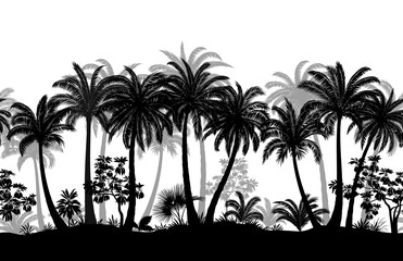 Horizontal Seamless Pattern, Summer Tropical Forest, Tile Landscape with Exotic Palms Trees and Grass, Black and Grey Silhouettes on White Background. Vector