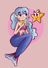 Cartoon beautiful mermaid with blue siren hair, next to a starfish.