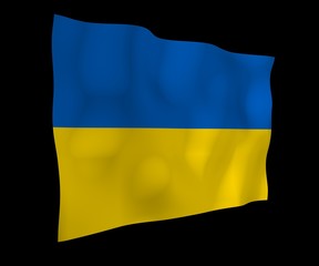 The flag of Ukraine on a dark background. National flag and state ensign. Blue and yellow bicolour. 3D illustration waving flag