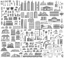 City map elements illustration, drawing, engraving, ink, line art, vector - 345905719