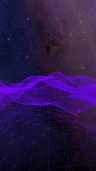 Abstract ultraviolet landscape on a dark background. Purple cyberspace grid. hi tech network. Outer space. Violet starry outer space texture. 3D illustration