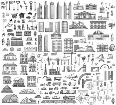 City map elements illustration, drawing, engraving, ink, line art, vector