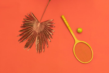tennis racket on a tropical orange background