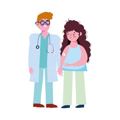 vaccination medical care, physician and girl patient with band aid in arm