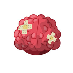 Human brain. Problems with mind and memory. Bruises and medical patch. Treatment of organ. Beating and trauma. Funny Cartoon flat illustration
