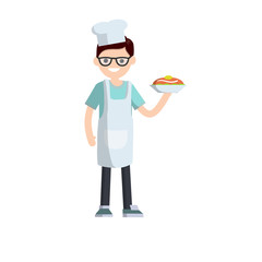 Chef in white apron and cap with plate of food. Work in cafes and restaurant. Kind of profession. The man cooked meal on dish. Cartoon flat illustration