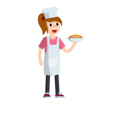 Woman in white apron stands with plate in hand. Delicious dish and cake. Young adult Girl preparing meal in kitchen. Waiter and cook in restaurant and cafe. Cute housewife in kitchen. Flat cartoon