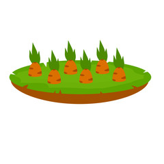 Bed with the carrot. Cartoon flat illustration. Growing vegetables on platform. Brown ground. Natural food. Element of farm and village