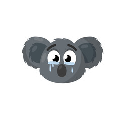 Koala. Extinction of Australian animal. head of cute gray crying bear. face of funny character. Protecting beast from disaster. Cartoon flat illustration. Blue tear.