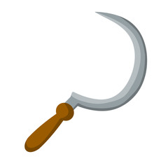 Rural sickle. Rustic subject. Autumn harvest. Sharp blade. Cartoon flat illustration