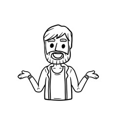 Man with Spread hands. Smiling young bearded man in shirt. Doubt and timidity. Hand drawn sketch cartoon. Uncertainty and shrugging. Funny illustration