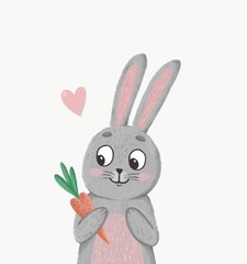 rabbit with carrot on a white background. postcard