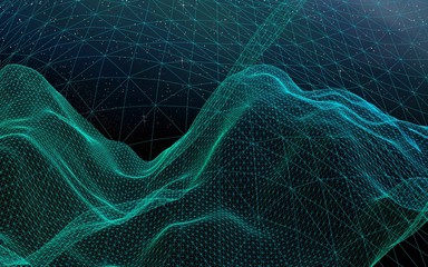 Abstract landscape on a dark background. Cyberspace grid. hi tech network. Outer space. Starry outer space texture. 3D illustration