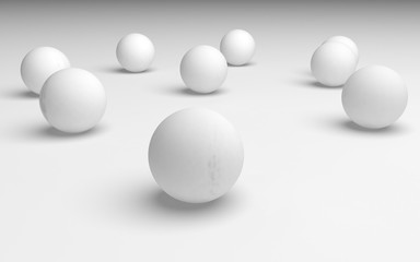 White abstract background. Set of white balls isolated on white backdrop. 3D illustration