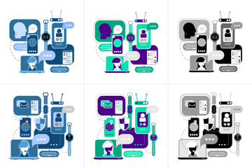 Two sets of multicolored and monochromatic Online Communication designs isolated on a white background.