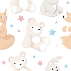 Fototapeta premium Seamless pattern with forest animals toys on white for baby products