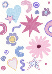Children's print with hearts, stars and flowers. Cute pattern in blue and pink colors. Illustration for girls