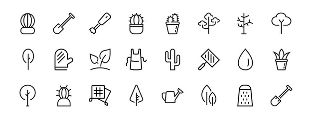   A set of Rosteniya Icons, and garden care, Vector illustration, Contains Icons such as tree, cactus, watering can, spade, flower and much more. on a white background, editable bar 480x480