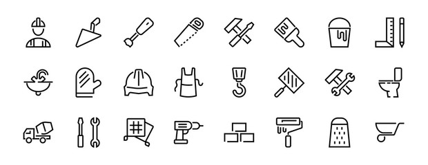 Set of construction icons, simple vector lines, contains the following icons: builder, roller, hammer with wrench, toilet bowl and much more. Editable stroke. 48x48 pixels perfect, white background