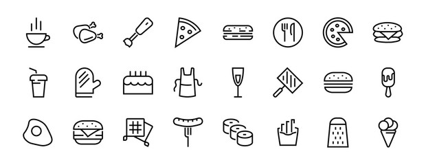 Fototapeta premium A simple set of fast food icons related to the vector line. Contains icons such as pizza, burger, sushi, bike, scrambled eggs and more. EDITABLE stroke. 480x480 pixels perfect, EPS 10