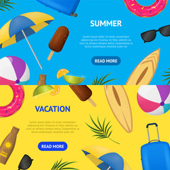 Realistic Detailed 3d Summer Holidays Concept Banner Horizontal Set . Vector