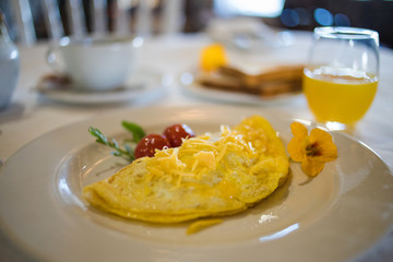 Close up image of a delicious omelet being served as breakfast in a gourmet restaurant