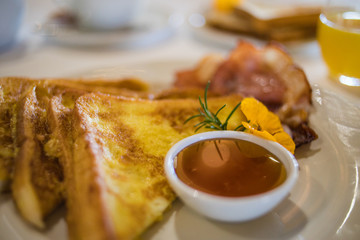 Close up image of french toast in a gourmet restaurant being served as breakfast