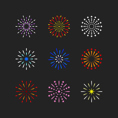 Set of isolated brightly celebration firework balls on dark background flat vector illustration