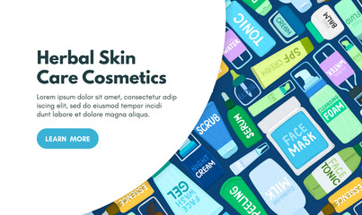 Organic or natural cosmetics. Many jars and bottles with cosmetic names. Facial skin care. Online store. Landing page template. Background is for banner, header, advertising, mailing list. Vector