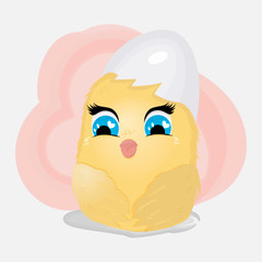 A cute chicken with an egg shell on its head. Children's illustration. Printing on clothes, decor element. Vector.
