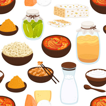 Vector seamless pattern with probiotic foods. Best sources of probiotics. Beneficial bacteria improve health. Background for label, header, brochure, menu, article about diet, healthy proper nutrition