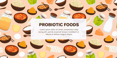 Vector background with probiotic foods. Best sources of probiotics. Beneficial bacteria improve health. Design for label, header, brochure, menu, banner, article about diet, healthy proper nutrition