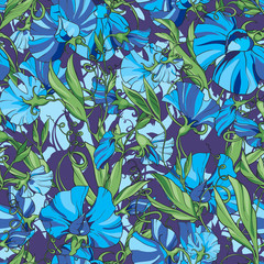 Blue flowers sweet pea on a blue purple background, floral seamless pattern.