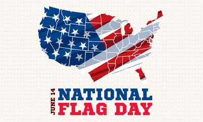 Flag Day June 14. It commemorates the adoption of the flag of the United States on June 14, 1777 by resolution of the Second Continental Congress. Poster, banner, background design. 