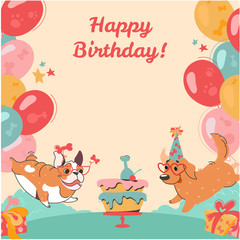 Birthday of funny dogs. Happy birthday postcard with puppies. Bulldog and Labrador, cake, gifts, multi-colored balloons on isolated background. Vector invitation with congratulations, incartoon style