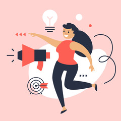 Vector creative business illustration of happy successful woman with megaphone and light bulb on color background. Office project manager.