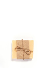 Different natural homemade soap on a white table