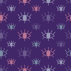 Seamless pattern with open eyes different color on a purple background. Colorful print, suitable as wrapping paper or fabric. Cartoon vector illustration