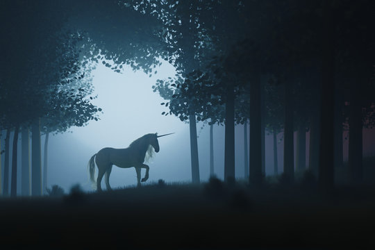 Artistic mystical horse in the fantasy dark fairy forest landscape. Abstract unicorn in the magical woodland. 3D Illustration