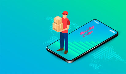 Delivery express by parcel delivery person on mobile application with GPS. Online food order and package in E-commerce by website. isometric flat design. Vector illustration