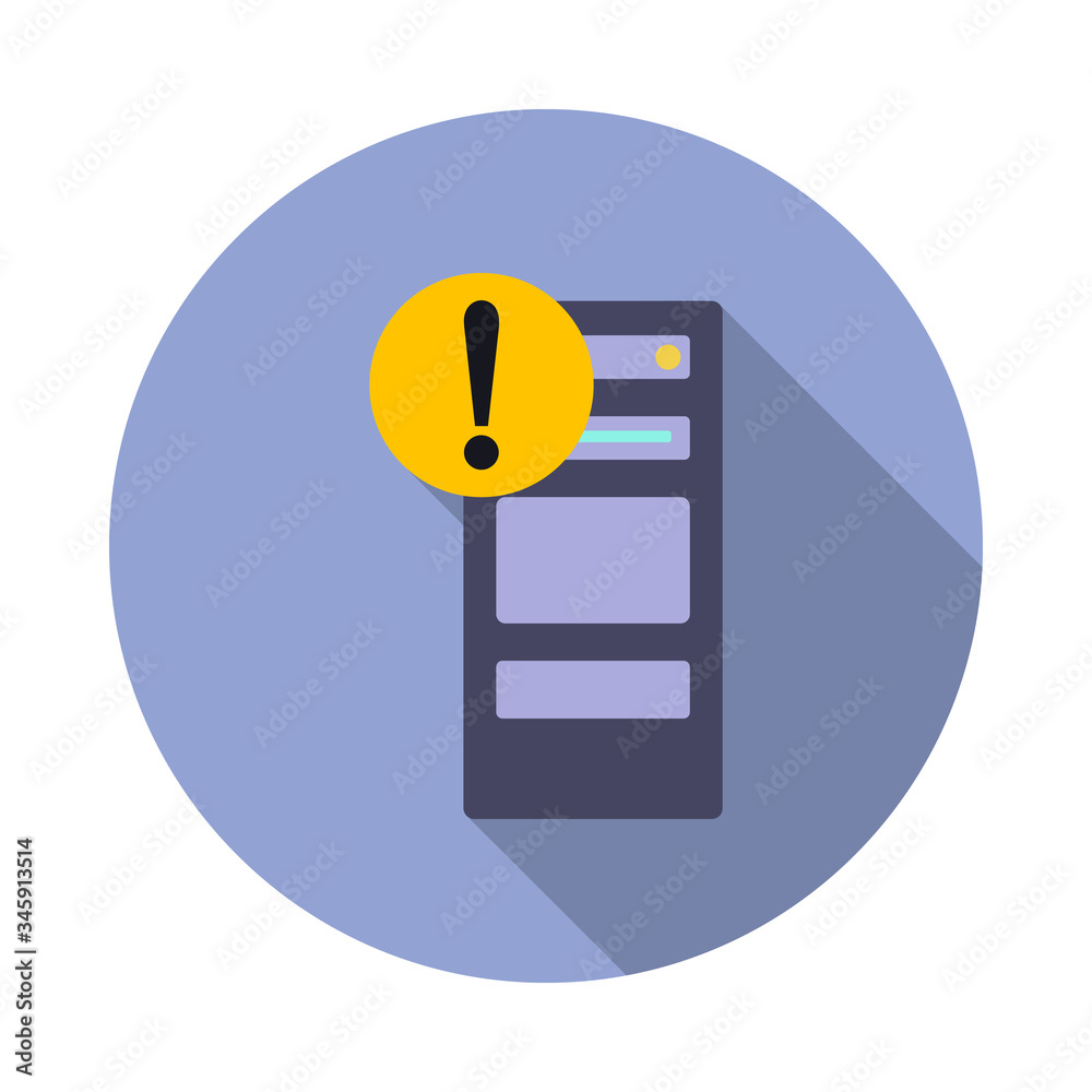 Poster exclamation point on computer long shadow icon. simple color vector of virus and antivirus icons for