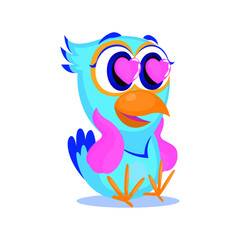 ute Smiling cartoon bird With Heart Shaped Eyes. Falling in love parrot sticker. Vector illustration isolated on white background
