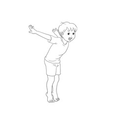 Kids Yoga - Joga für Kinder, Asana Vogel, horizontal Banner Design Concept Cartoon. Junge barfuß in Yoga Haltung, macht fröhliches Gesicht. Yogi Logo auf Hintergrund in weiß.